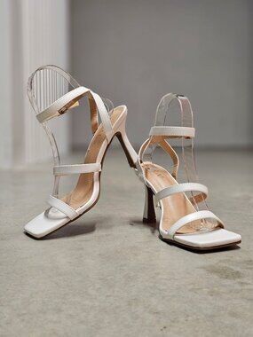 Strappy White High Heel Sandals With Square Toe & Adjustable Buckle Strap - Bell